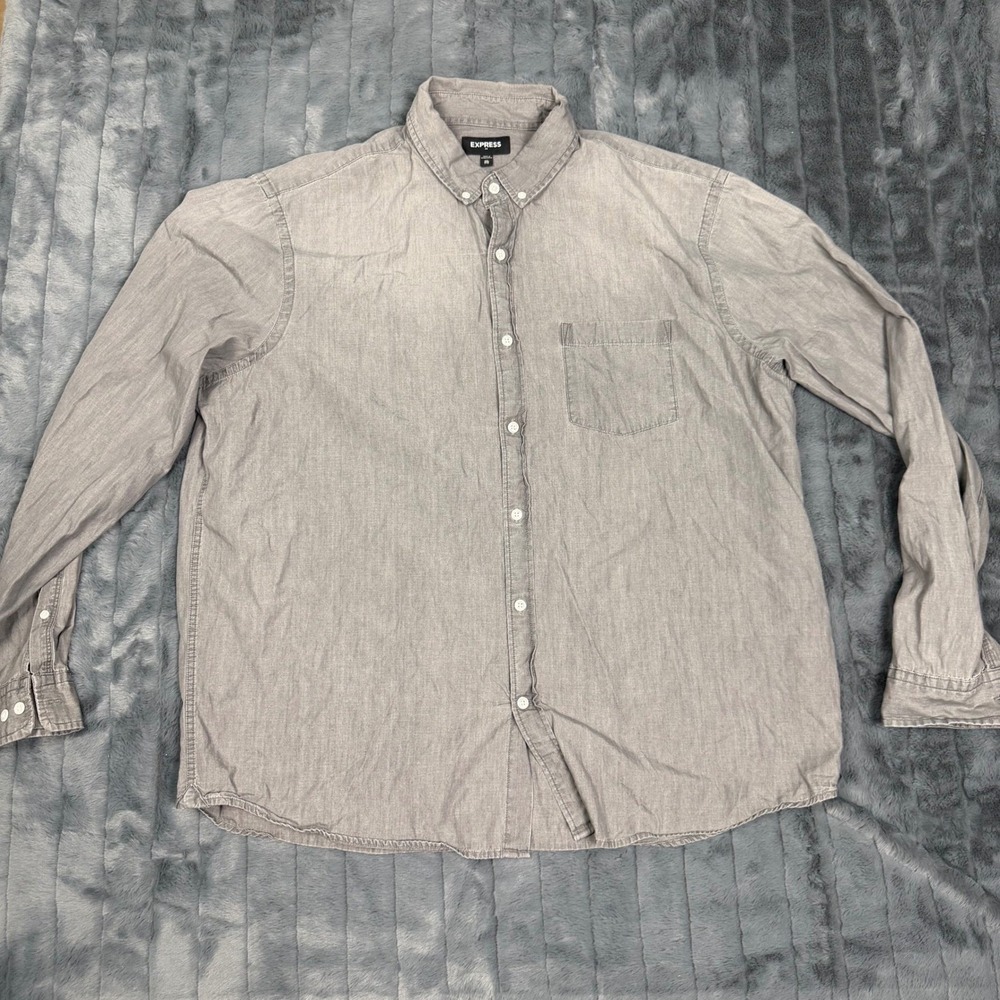 Express Mens XXL Grey Cotton Button Down Long Sleeve Shirt Chest Pocket 6989